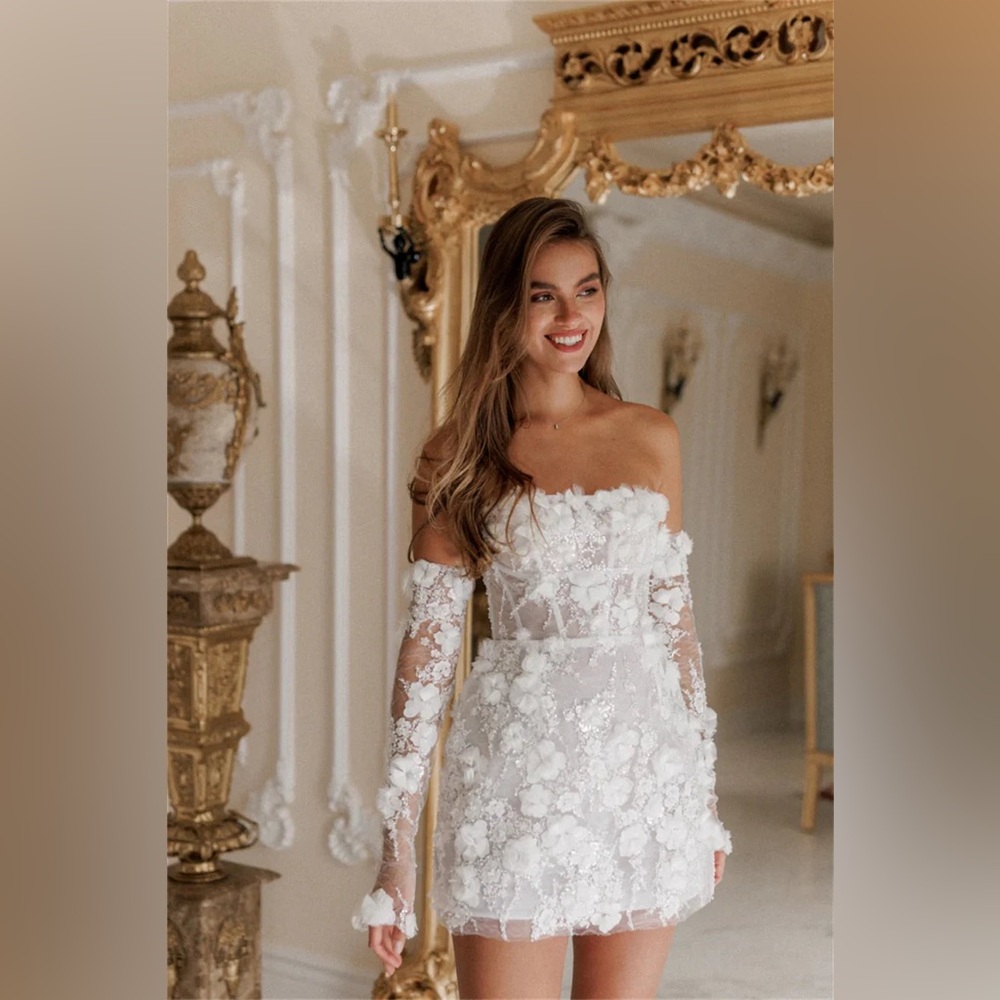 Sarah Houston Lace Sparkle Floral Mini Dress with Long Detachable Sleeves